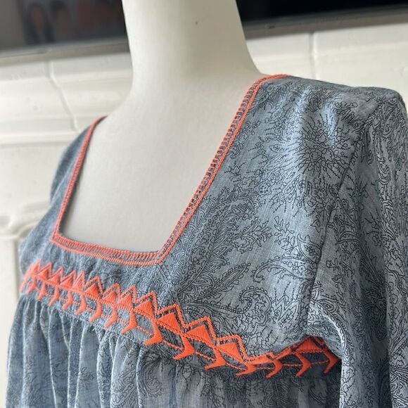 NWT Cousin Earl Lagenlook Florentine Blue Orange Bell SleevesTop Oversized Boho - Picture 5 of 16